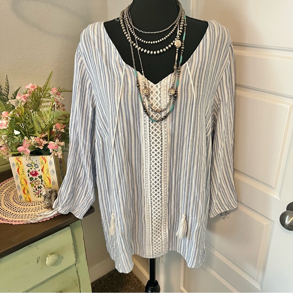 AGB Woman Blue‎ White Stripe Lace Trim Tassle Peasant Blouse Sz 1X Coastal